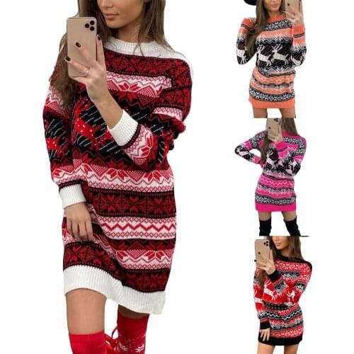 2021 Christmas Sweater Dress,Autumn and winter New Womens Long Sleeve Round Neck Slim Fit Knit Pullover Christmas Dress