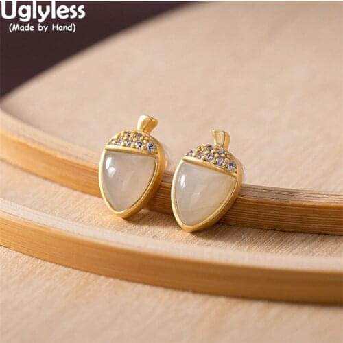 Uglyless Creative Design Pinecone Pine nuts Studs Earrings for Women MINI Gemstones Agate Jade Earrings Real 925 Silver Brincos