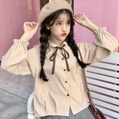 Spring/Autumn Sweet Girl Japanese Cute Kawaii Girl Lolita Shirt Corduroy Bow Puff Sleeve Gentle Vintage Woman All-Match Shirt