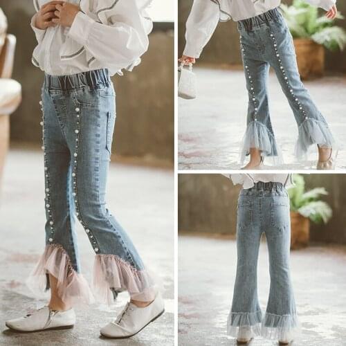 2021 Girls Flare Mesh Patchwork Wide leg Jeans Pants jeans for girls Boot Cut Beading Jeans Clothes For Baby Girls Denim Pants