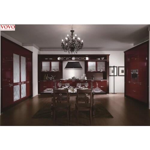 U-shaped wine red lacquer kitchen cabinets