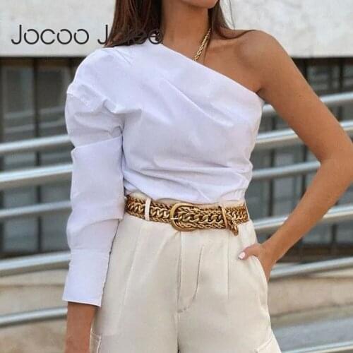 Jocoo Jolee Women Elegant One Shoulder White Shirt Sexy Long Sleeve Single-breasted Slim Blouses and Tops Simple Chic Tunic