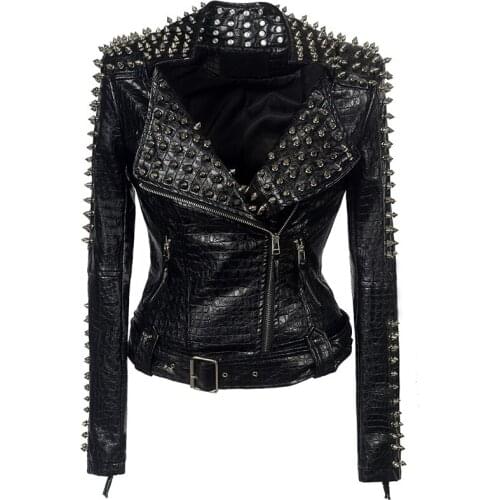 2020 Spring Autumn Women Fashion Tide Motorcycle Style Leather Jacket Female Rivet PU Coats Women Outerwear FM020