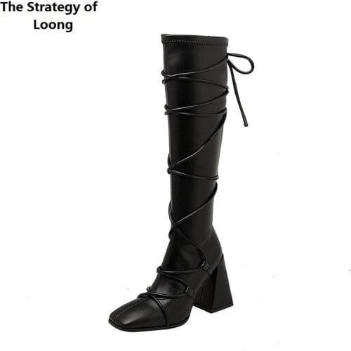 Spring Autumn Winter New Internal Celebrity Think High Heels Square Toe Cross-tied Slim Women Knee-High Long Modern Boots 0725