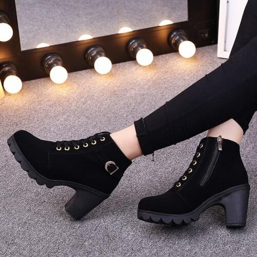 Women Winter Ankle Martin Boots Thick High Heel Zipper Lace-Up Non-Slip Platform Warm Ladies Pumps Booties Shoes Womans Botas