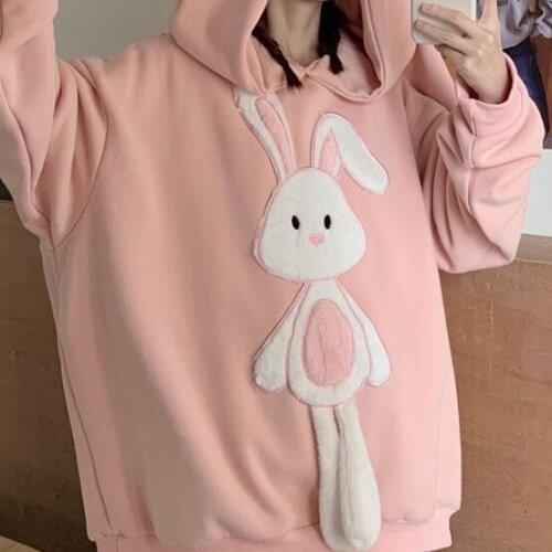Kawaii Cute Rabbit Hoodie WomenS Harajuku Pink Korean Rabbit Sweater 2021 Embroidered Pullover Loose Long Sleeve Plus Size Top