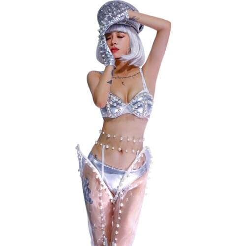 Women Gogo Dance Costume Beyonce Nightclub Bar Female Dj Costume Bright Silver Hiphop Suit Street Dance Clothing Stage Wear