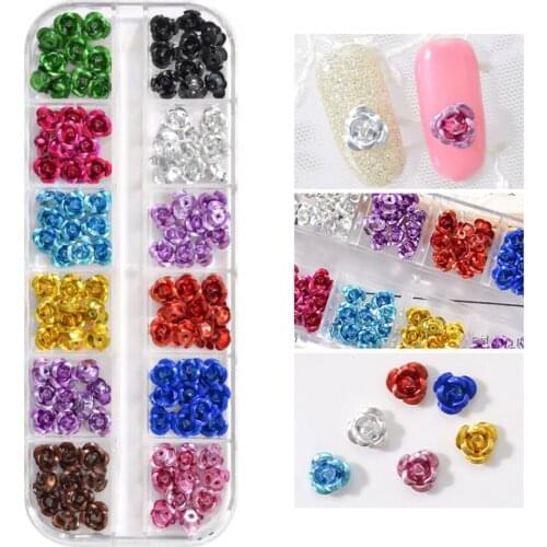 12 Grids/Box 6mm 3D Aluminum Nail Art Tiny Rose Flower 12 Colors Flat-back Nail Embellishment Decorations DIY Accessories Tc#004