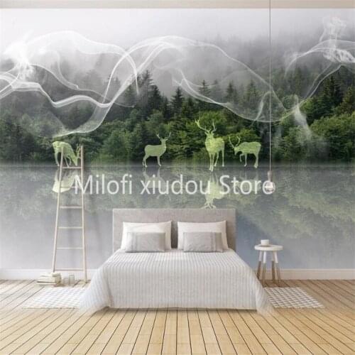 Custom 3D Wallpaper Mural Nordic Forest Elk Abstract Cloudy Ribbon Background Wall Decoration Wallpaper