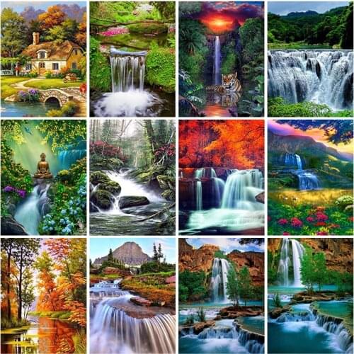 5D Diamond Painting Lakeside Scenery Waterfall DIY Rhinestone Full Round Diamond Embroidery Cross Stitch Kits Decor Landscape