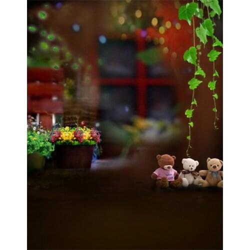 5x7ft Cute Bear Flowers Green Leaves Photography Backdrops Photo Props Studio Background
