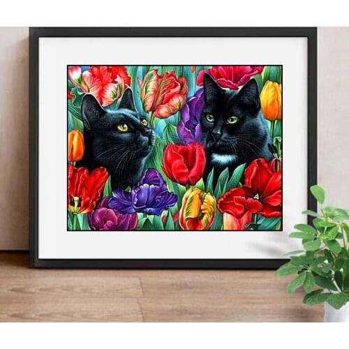 Full Square DIY Rhinestone Diamond Painting Cross Stitch Cat And Flower Mosaic Diamond Embroidery Animal Home Decor