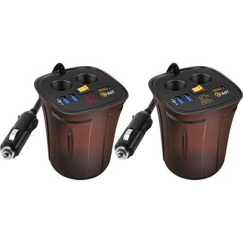 Car Charger Cigarette Lighter Adapter Splitter 2 Socket 80W Charge USB 4.2A Cup Holder Voltmeter On/Off Switch