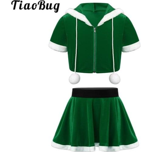TiaoBug Kids Girls Christmas Outfit Short Sleeves Flannel Hoodie Tops Jacket with skirts Children Xmas Carnival Party Costume