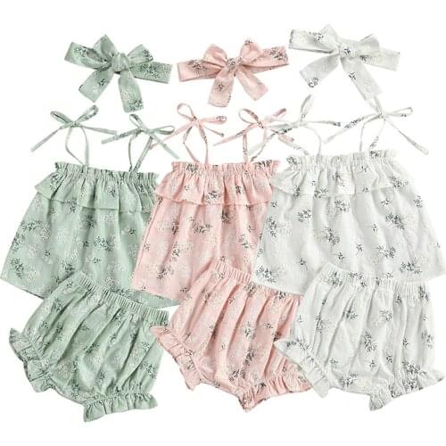 Girls Infants Ruffled Hem Lace Up Shoulder Strap Floral Printed Tops Elastic Waist Shorts Hair Band