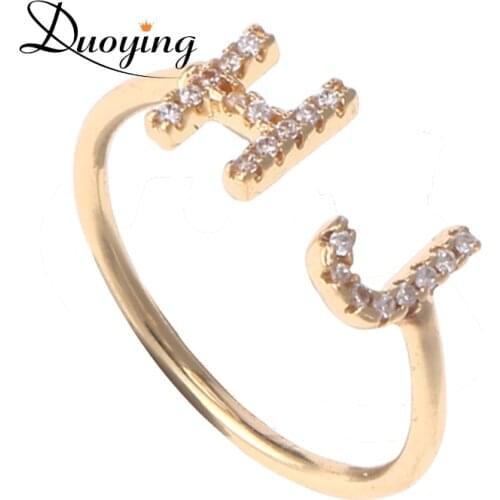 Duoying 7 mm Double Letter Ring with Full Zirconia Micro Pave Rings Simple Luxury Ring for Women Bling Jewelry Open Ring