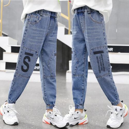 Boys Girls Jeans New Fashion Spring Fall Soft Denim Harem Pants Letter Print Trousers Kids Elastic Waist Blue Jeans 4 To 14Years