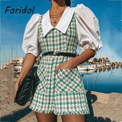 Foridol Tweed Knitted Plaid Romper Overalls for Women Vinatge Puff Sleeve Shirt Patchwork Sash Wide Leg Fashion Romper Playsuit