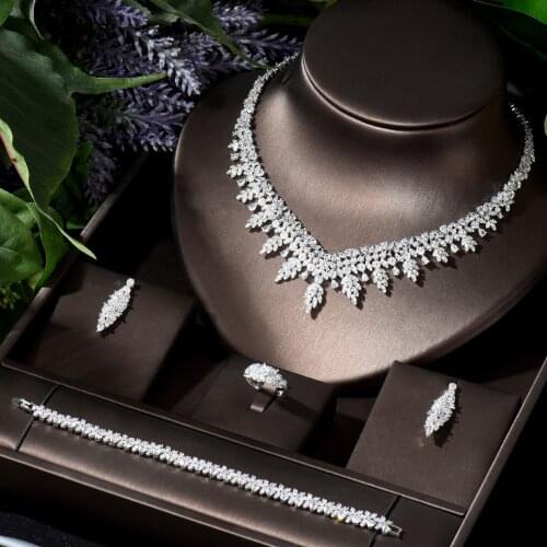 HIBRIDE Luxury Leaf Design 4pcs African Cubic Zircon Nigerian Jewelry sets for Women Wedding CZ Necklace Formal Occasion N-806