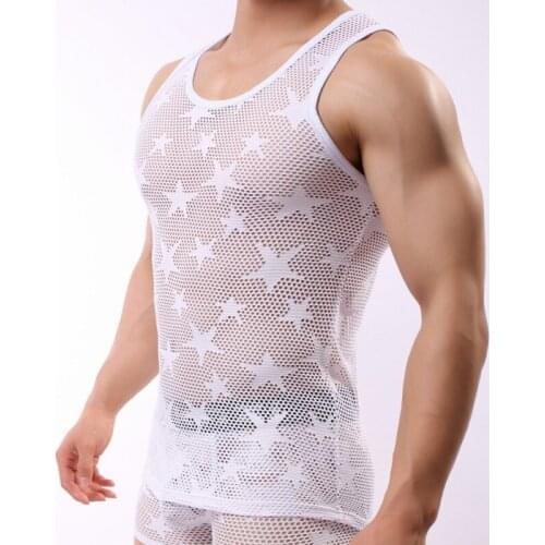 Mens Hollow Out Undershirt Sexy Transparent Tops Gym Sports Vest Tight-fitting Muscle Undershirts Sleeveless Underwear Tank Top