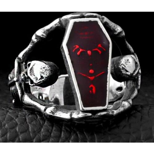 Mens Stainless Steel Band Ring Gothic Vampire Skeleton Bloody Red Enamel Coffin Bike (Size 13) 13