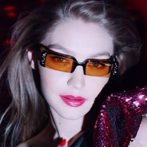 Thin Square Diamond-Set Women Men Sunglasses Orange Pink Lens UV400 Eye Protection Girl Sexy Ladies Fashion Outdoor Eyewear