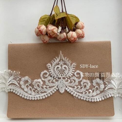 Off-white Rayon Beaded Embroidered Lace Trim Handmade DIY Material Wedding Veil Lace Trimming Accessories Width 12.5cm 5Yds/lot