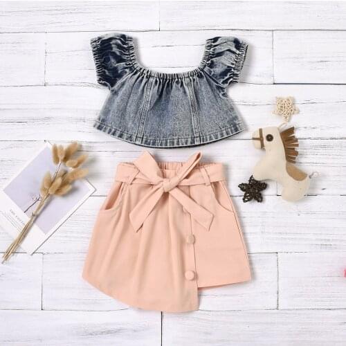 1-6Y Fashion Infant Girls Clothes Sets Denim Solid Off Shoulder T Shirts Tops Bow A-Line Skirts