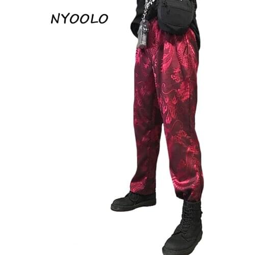 NYOOLO Vintage special design dragon totem dobby elastic waist full length straight pants women/men streetwear