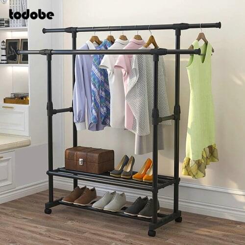 Foldable Drying Rack Floor Bedroom Coat Hanger Indoor Single Double Rod Clothing Rack Balcony Drying Pole Adjustable Hanger