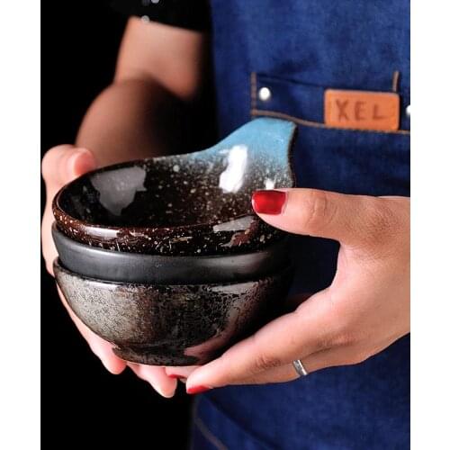 FANCITY 4.5 Inch Japanese Retro Ceramic Handle Bowl Hotel Restaurant Kitchen Tableware Modern Minimalist Home Snack Dish Seasoni