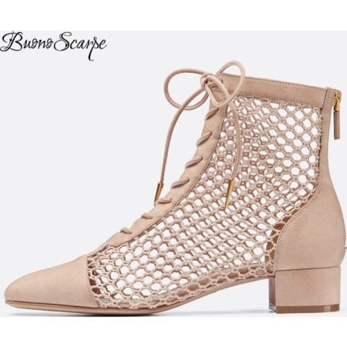 Women Brand Design Front Lace Up Mesh Ankle Boots Chunky Heels Cross Ties Sexy Ankle Boots Women Summer Shoes Botas Mujer Mesh