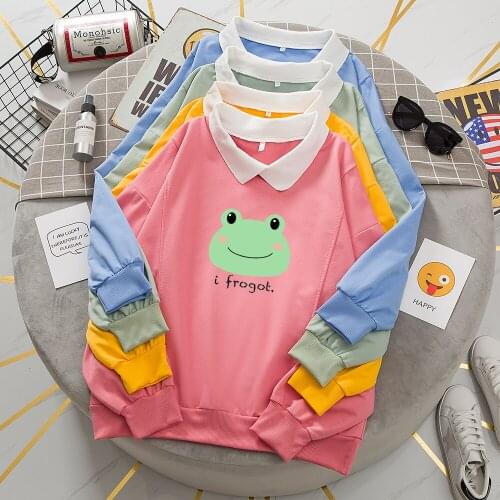 Kawaii Frog Cartoon Print Hoodie Harajuku Pullover Women Cotton Turn-down Collar Sweatshirt Funny Hoody CuteTracksuit for Girls