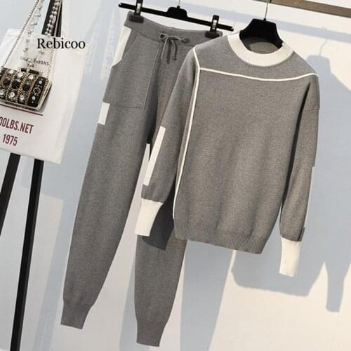 Women Knitted 2 Piece Set Casual Sportsuit O Neck Long Sleeve Pullover Sweater And Pant Set Autumn Winter 2Pcs Clothes Tracksuit