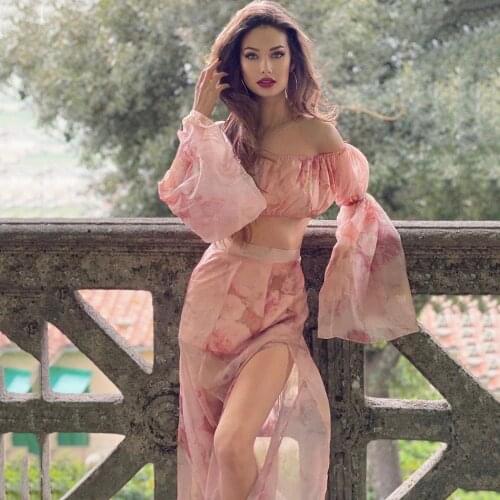 Vintage One Shoulder Printed Chiffon Long Sleeves Mermaid Evening Dress Elegant Ruffle Vestidos Fashion Lace Corset Club Outfit