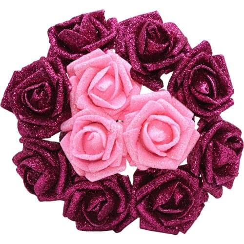 10P 6cm Glitter Flower Rose Foam Flower Artificial Flower Bouquet Christmas Wedding Party Home Decorative Fake Flower DIY Craft