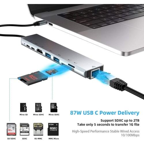 8 In 1 Type-c 3.0 To 4K Hdmi-compatible Rj45 Ssd Tf Card Reader Pd Fast Chargefor Mac book Air Pro Pc Usb C Hub Docking Station