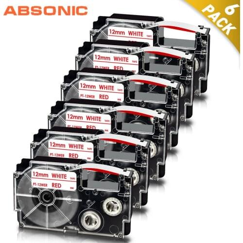 Absonic 6PK 12mm for Casio Label Tape Red on White XR-12WER Waterproof Label Cassette Work for Casio Label Maker KL-60 120 750
