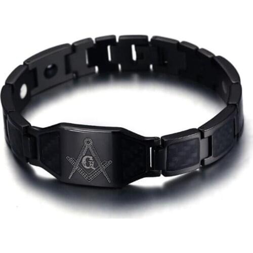 Black Bracelet for Men Hand Chain Carbon Fiber Stainless Steel Magnetic Bracelets & Bangles Masonic Fashion Jewelry