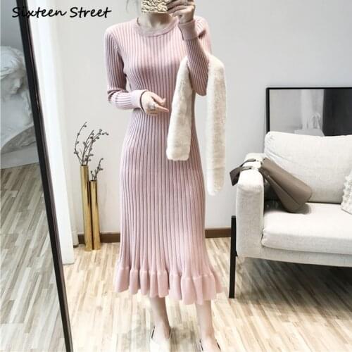 Elegant Blue Knitted Long Dress Female Autumn Winter 2021 Full-sleeve Oneck Clothing Korean Sweater Dresses Vestido Female Chic