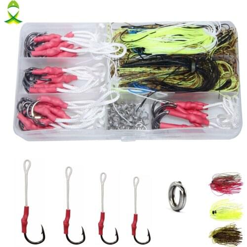 JSM 100pcs/box stainless steel fish hooks with PE line fishing split ring silicone jig skirts spinnerbait for fishing tackle box
