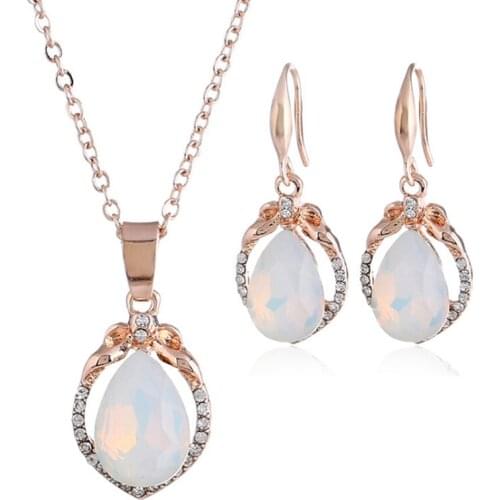 FYJS Unique Rose Gold Color Water Drop Pendant Necklace Opalie Opal Earrings with Rhinestone Jewelry Sets
