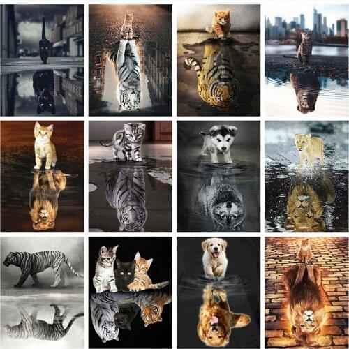 LZAIQIZG Diamond Art Painting Reflection Cat Lion Tiger Diamond Embroidery Animal Dog Pictures Of Rhinestones Mosaic Home Decor