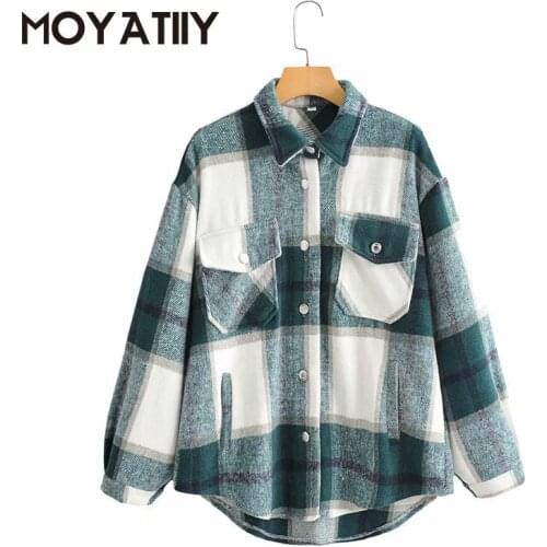 MOYATIIY Fashion Women Vintage Autumn Warm Fluff Long Coat Jacket Green Plaid Irregular Overcoat Long Sleeve Female Tops Outwear
