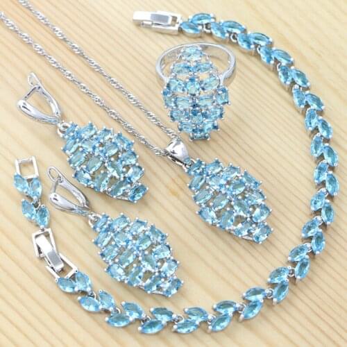 Geometric Jewelry Set 925 Silver Jewelry Sky Blue Cubic Zirconia Earrings Ring Pendant Chain Bracelet Bridal Gift