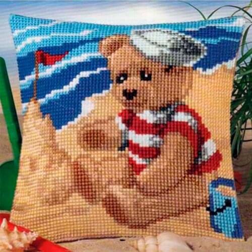 DIY Cross Stitch Cushion Cover Beach Teddy Needlepoint Kits Printed Canvas Chunky Yarn Cross-stitch Pillow Case Arts & Crafts