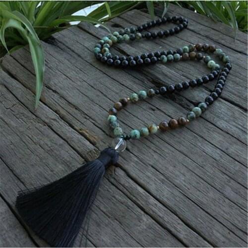 8mm African Turquoise 108 Beads Handmade Tassel Necklace Spiritua Wristband Japa Yoga Retro Spirituality Meditation
