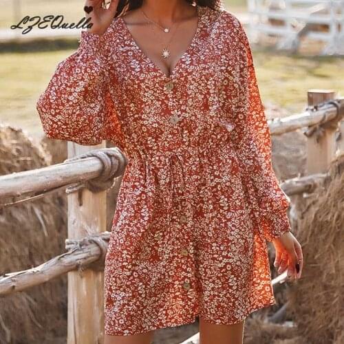 2021 New Spring Boho Floral Print Dress Women V Neck Full Sleeve High Waist Holiday Dresses Female Loose Mini Vestidos NZ3052