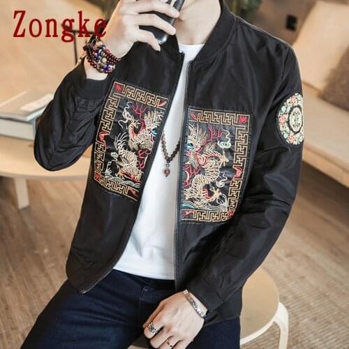 Zongke Dragon Embroidery Casual Bomber Jacket Men Clothes Japanese Streetwear Coat Korean Style Outerwear 5XL 2021