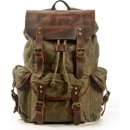 Cotton Oil Wax Canvas Backpack Mens Large Capacity Vintage Waterproof Backpack 15" Laptops Daypacks Rivets bookbag